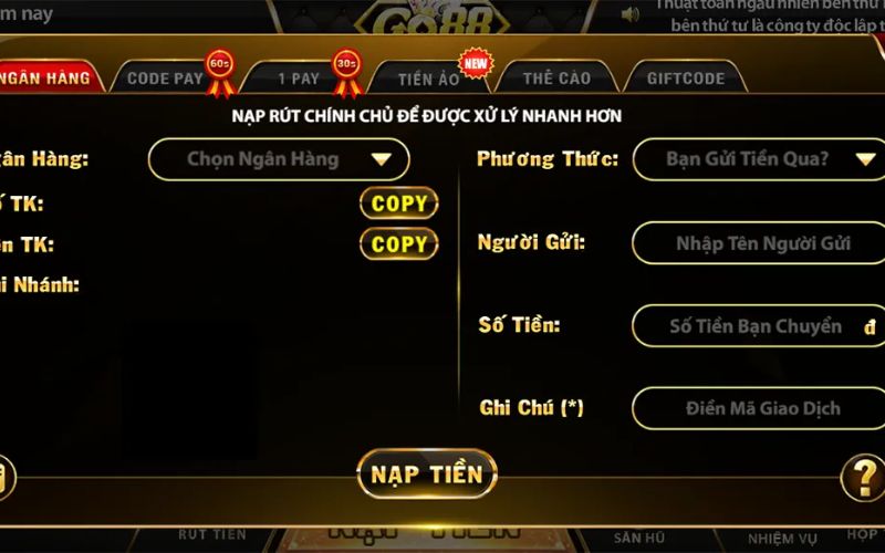 Nạp tiền go88 bằng ngân hàng